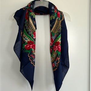 Navy and red flowered wool scarf